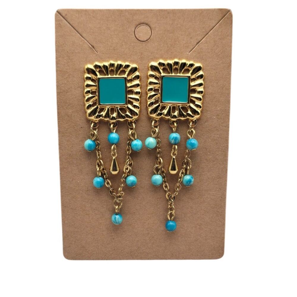Turquoise Cabochon Gold Fringe Earrings - Mediterranean Glam Statement